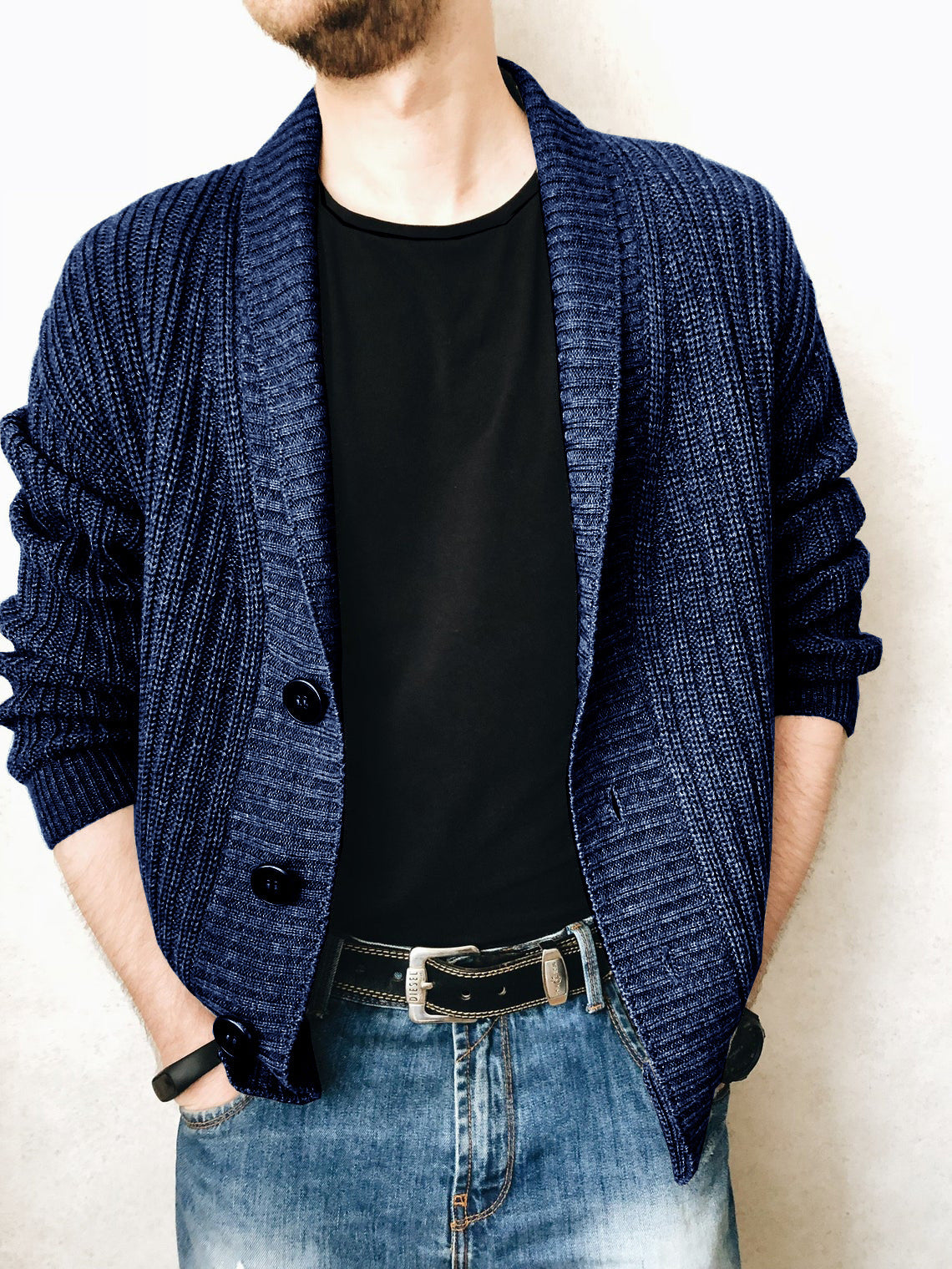 Solid Shawl Collar Button Knitted Cardigan
