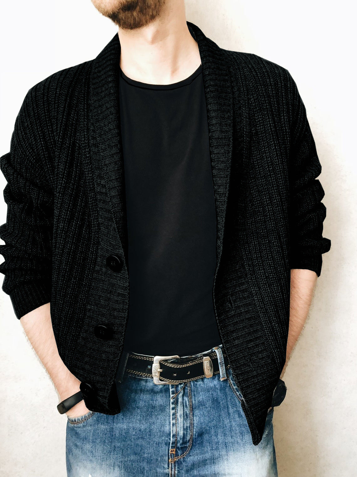 Solid Shawl Collar Button Knitted Cardigan
