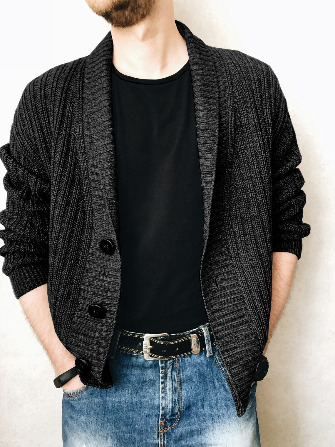 Solid Shawl Collar Button Knitted Cardigan
