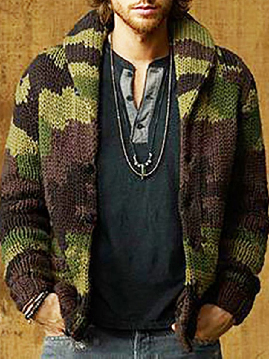 Camo Shawl Collar Button Knitted Cardigan