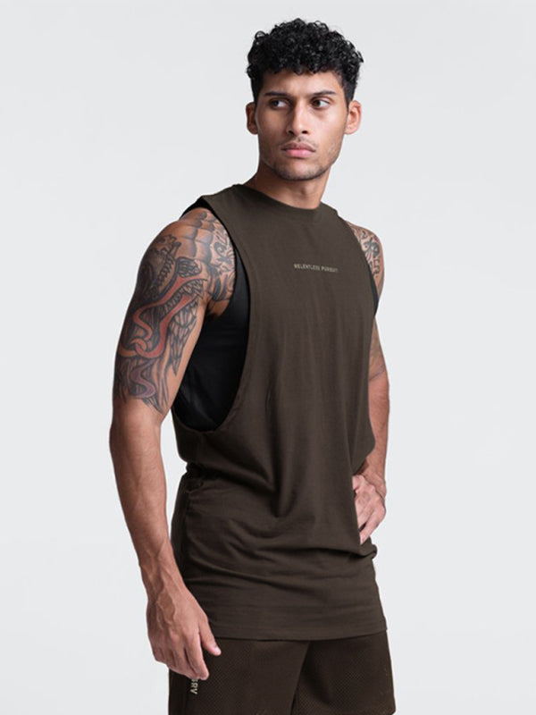 Men's sports trendy brand loose big slit solid color sleeveless quick-drying shirt