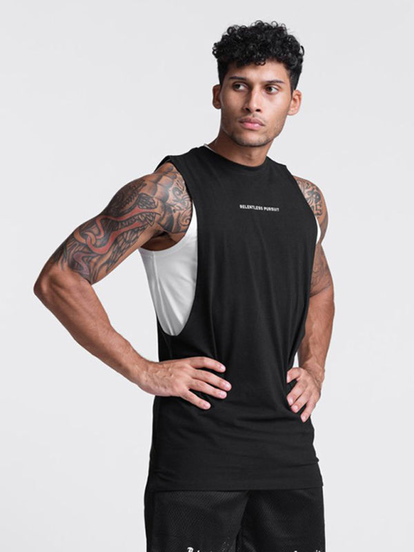 Men's sports trendy brand loose big slit solid color sleeveless quick-drying shirt