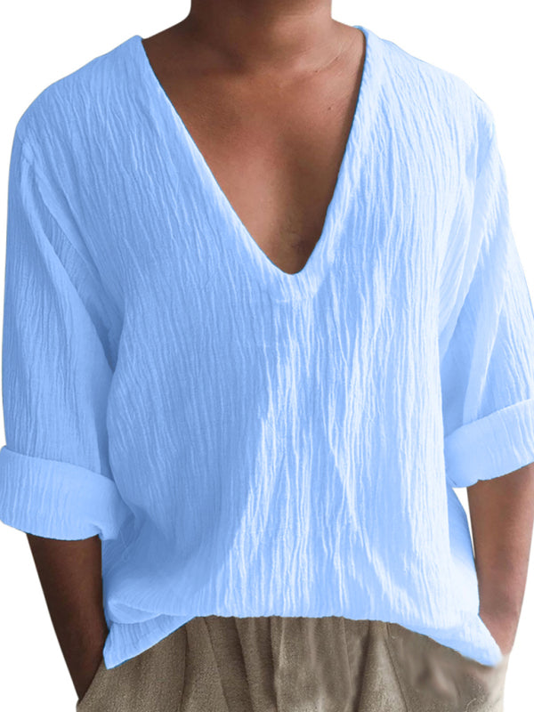 Long Sleeve Solid V Neck Washed Water Cotton T-Shirt