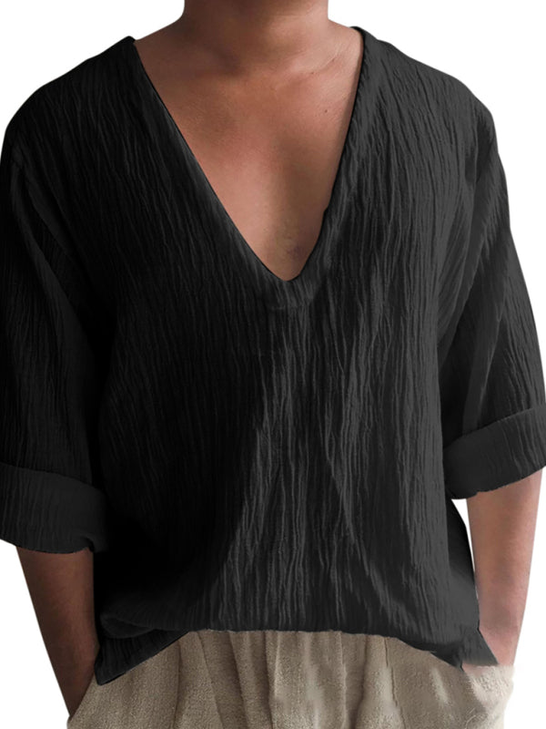 Long Sleeve Solid V Neck Washed Water Cotton T-Shirt