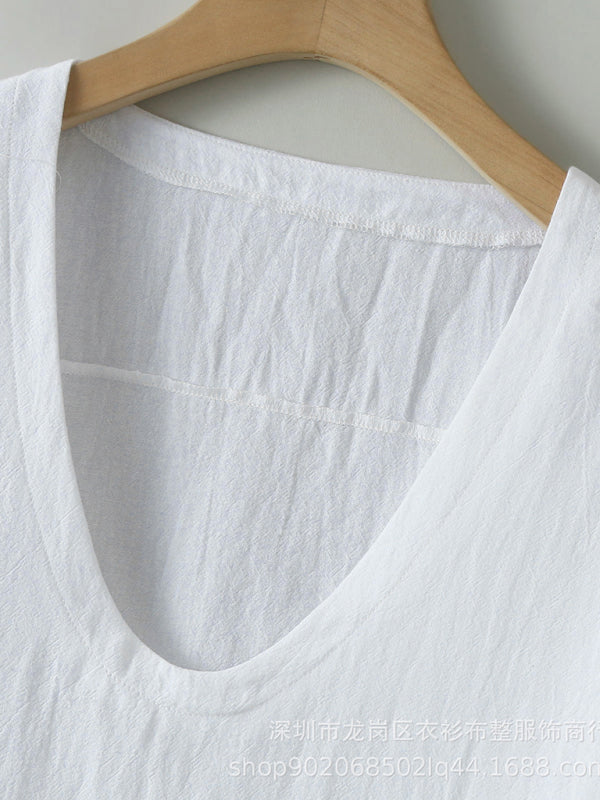 Long Sleeve Solid V Neck Washed Water Cotton T-Shirt