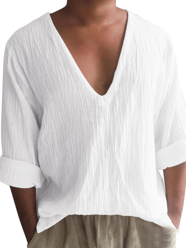 Long Sleeve Solid V Neck Washed Water Cotton T-Shirt