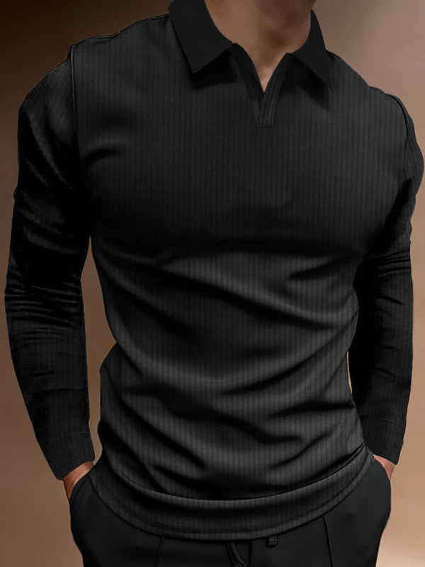 Men's stretch vertical strip long-sleeve V-neck polo