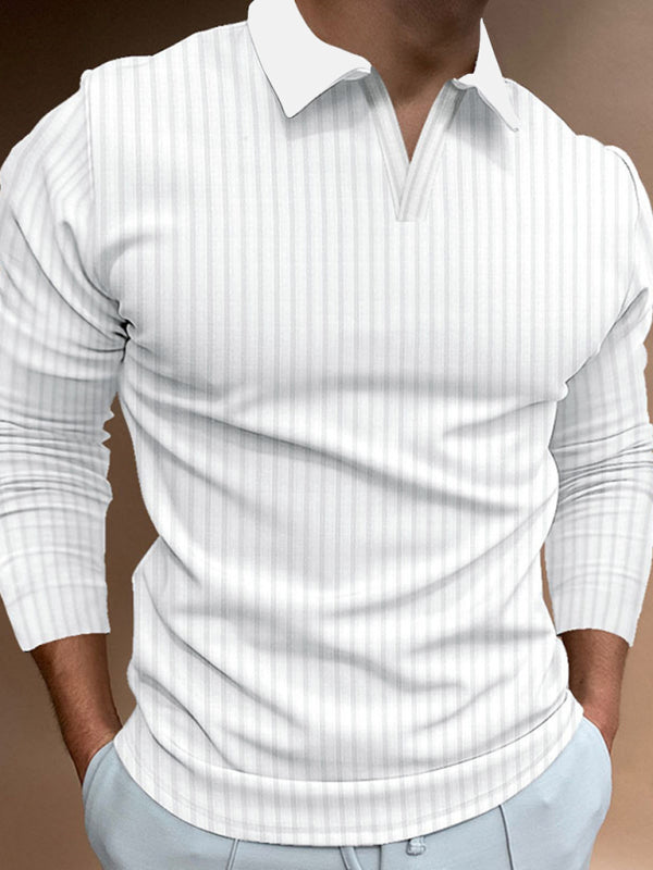 Men's stretch vertical strip long-sleeve V-neck polo