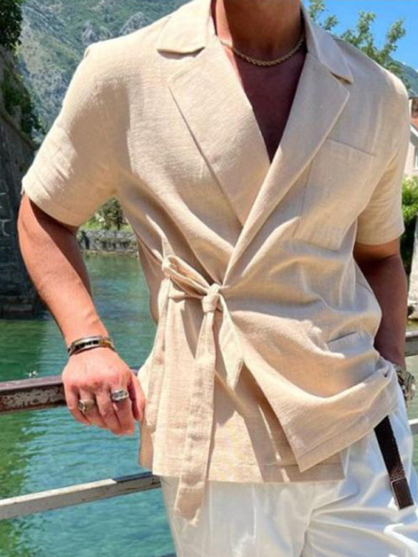 Men's solid color suit lace short -sleeved shirt