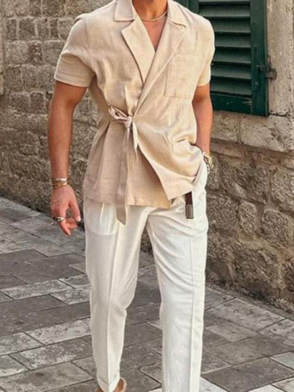 Men's solid color suit lace short -sleeved shirt