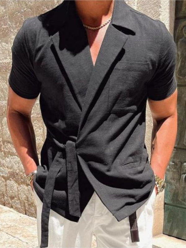 Men's solid color suit lace short -sleeved shirt