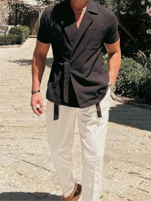 Men's solid color suit lace short -sleeved shirt