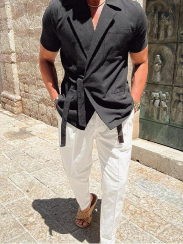 Men's solid color suit lace short -sleeved shirt
