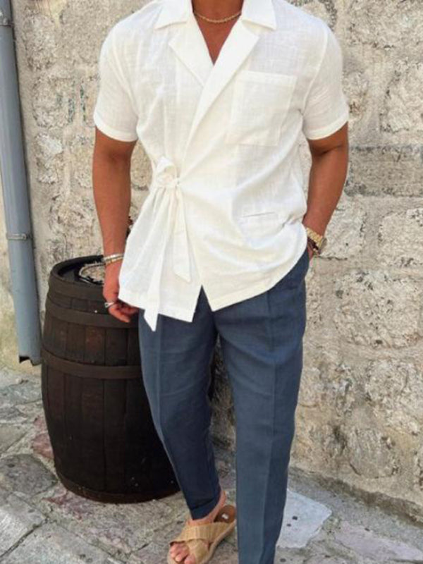 Men's solid color suit lace short -sleeved shirt
