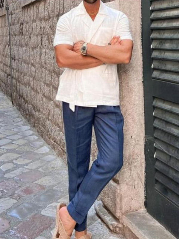Men's solid color suit lace short -sleeved shirt
