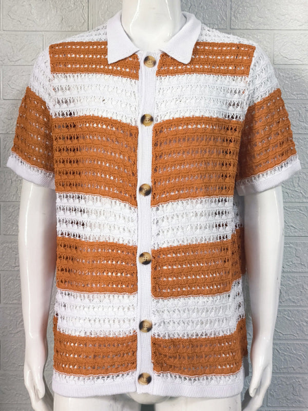 Men's crotchet short-sleeved color-blocked shirt