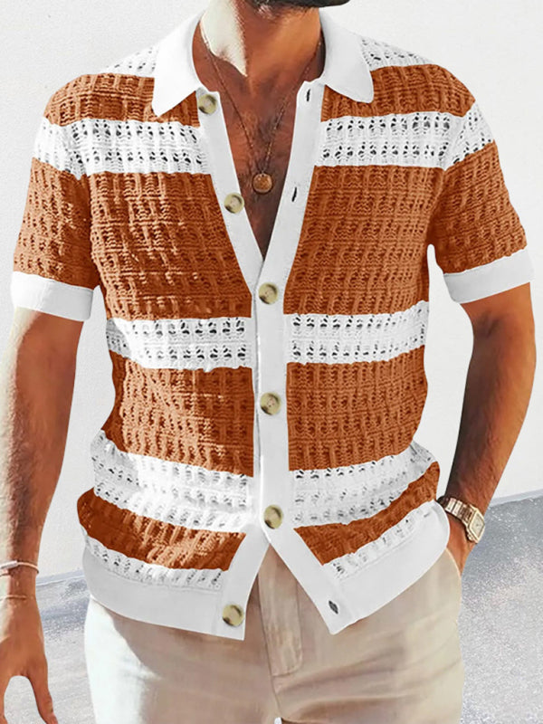 Men's crotchet short-sleeved color-blocked shirt