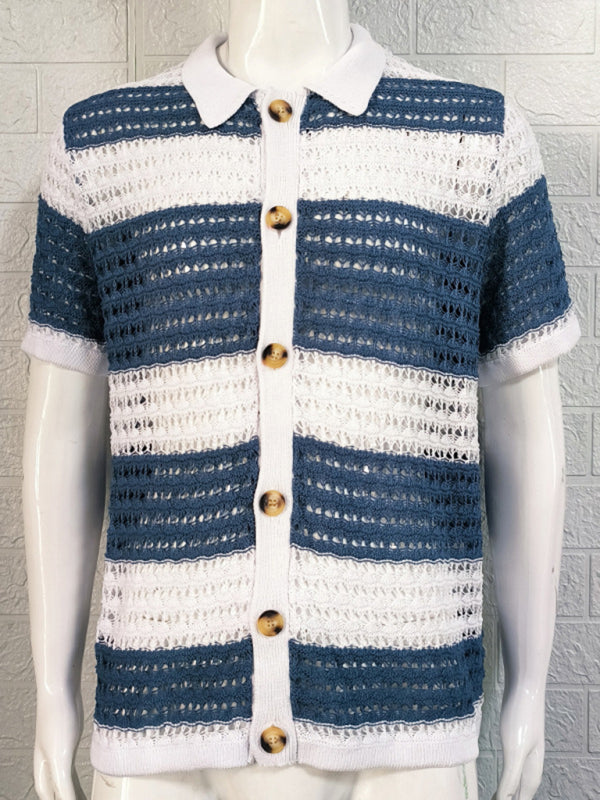 Men's crotchet short-sleeved color-blocked shirt