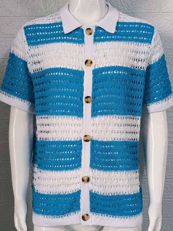 Men's crotchet short-sleeved color-blocked shirt
