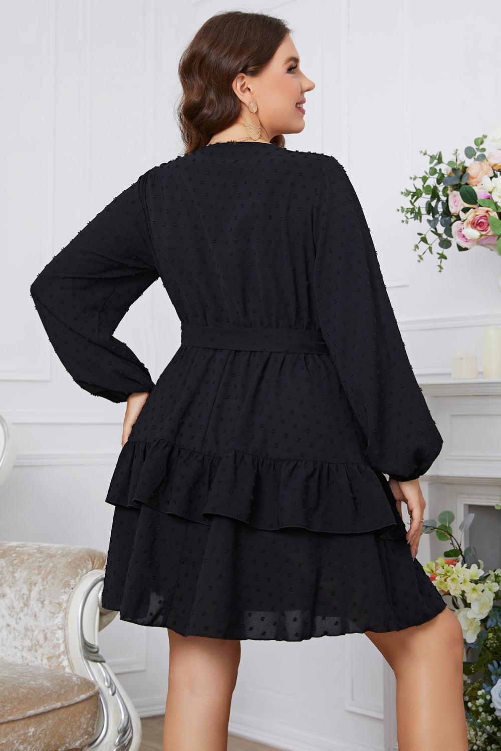 Swiss Dot Tie Waist V-Neck Dress