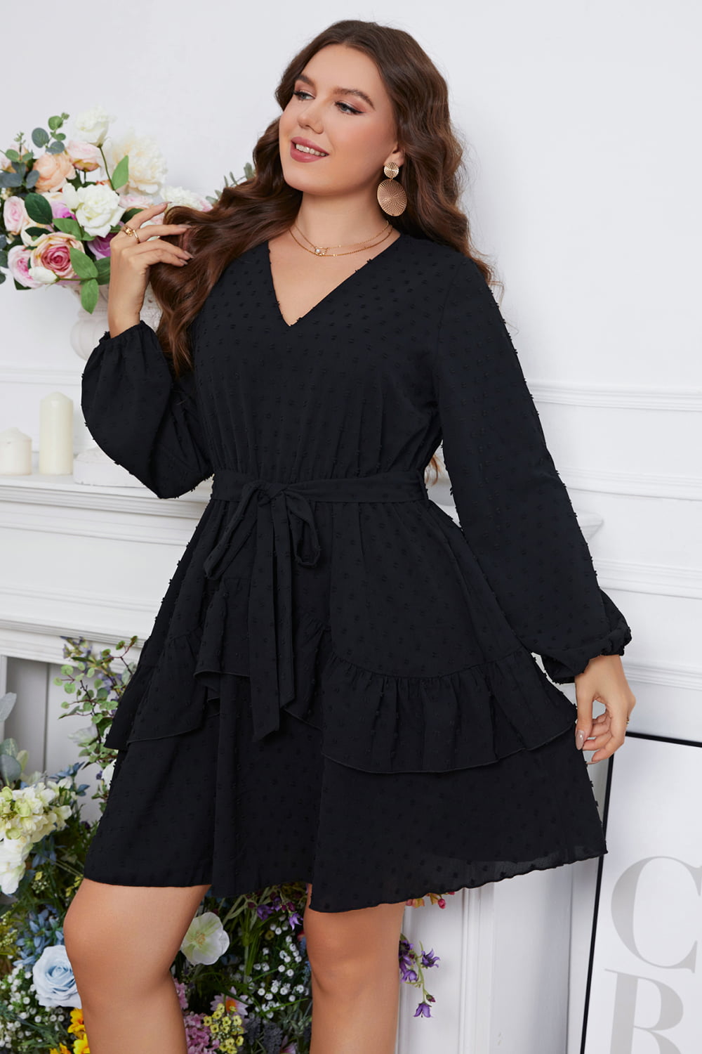 Swiss Dot Tie Waist V-Neck Dress