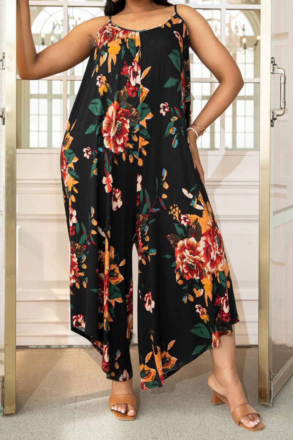 Printed Spaghetti Strap Wide Leg Jumpsuit