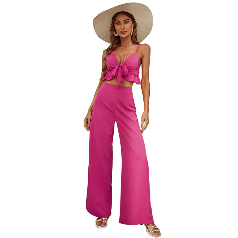 The Rose Knotted Ruffle Top Backless Pant Suit