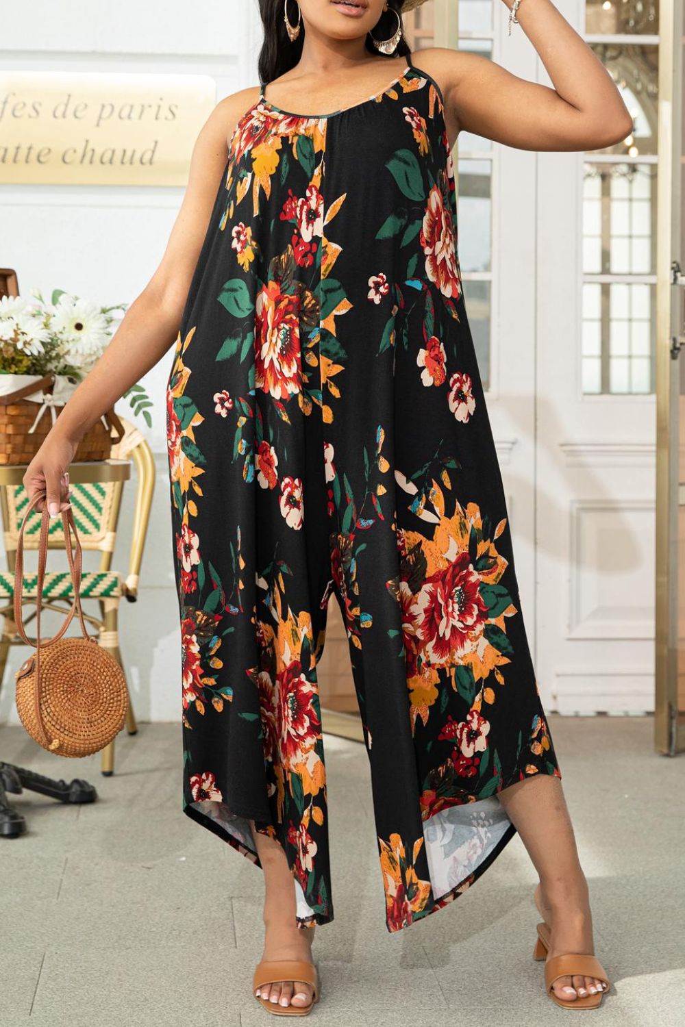 Printed Spaghetti Strap Wide Leg Jumpsuit