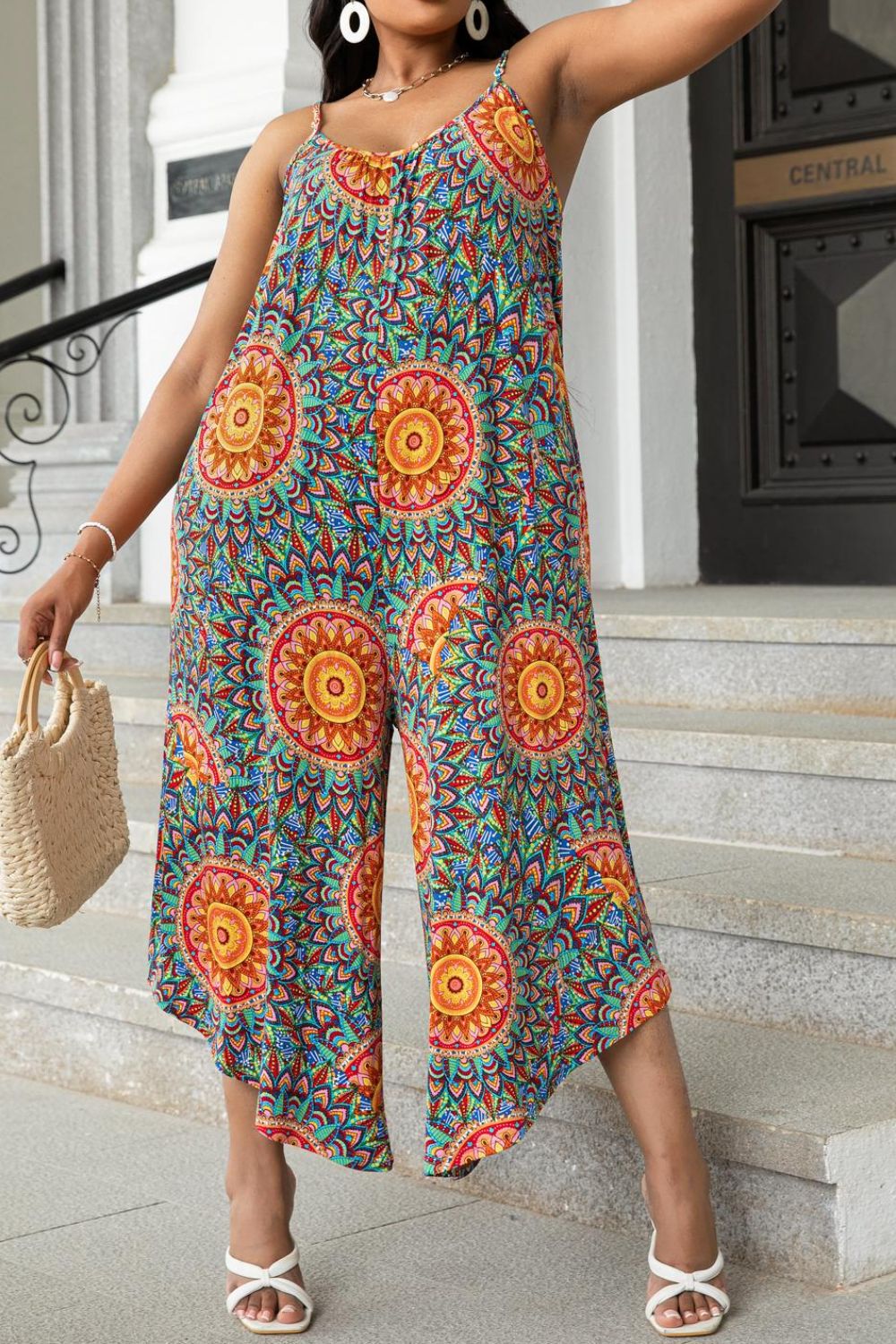 Printed Spaghetti Strap Wide Leg Jumpsuit
