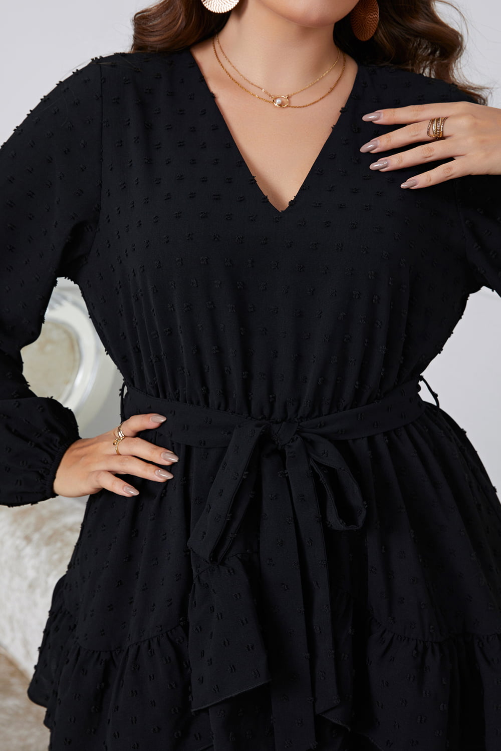Swiss Dot Tie Waist V-Neck Dress