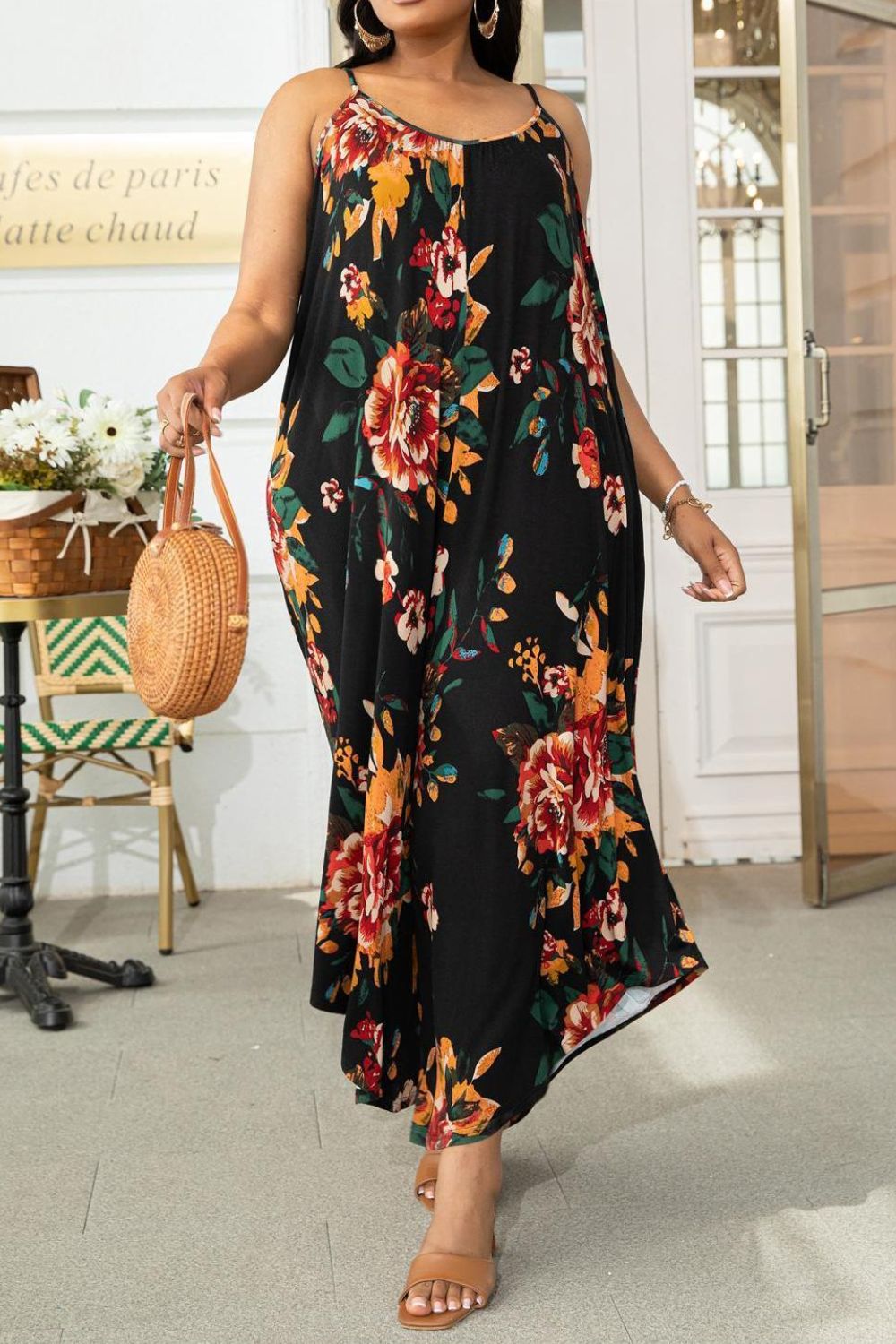 Printed Spaghetti Strap Wide Leg Jumpsuit
