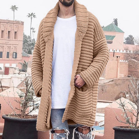 Deep Rows Shawl Collar Knitted Long Cardigan
