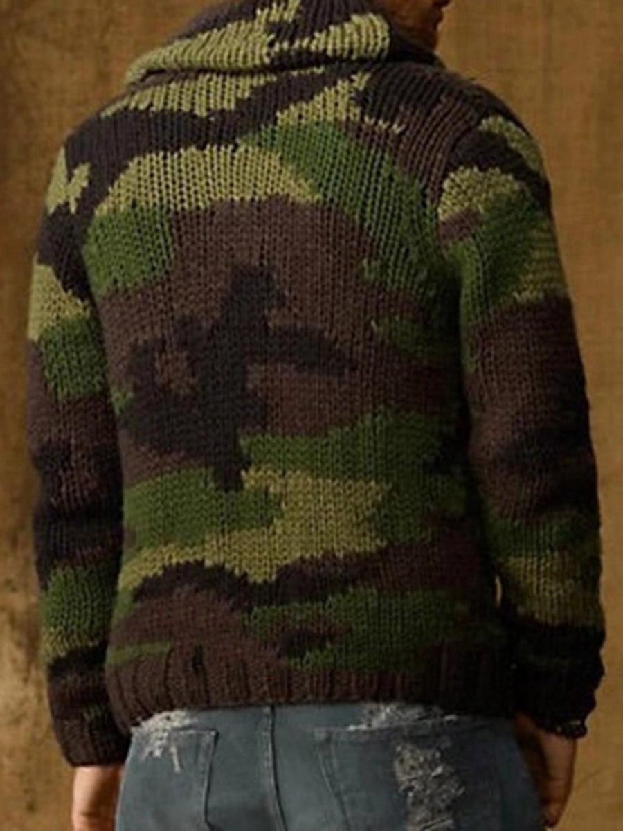 Camo Shawl Collar Button Knitted Cardigan