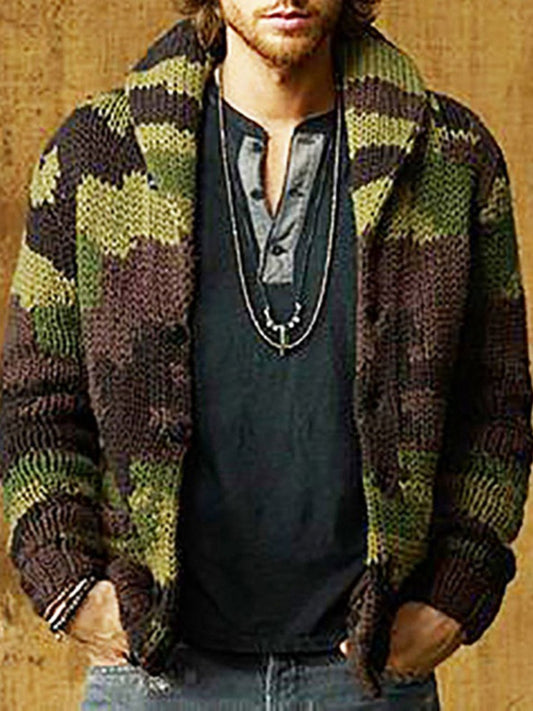 Camo Shawl Collar Button Knitted Cardigan
