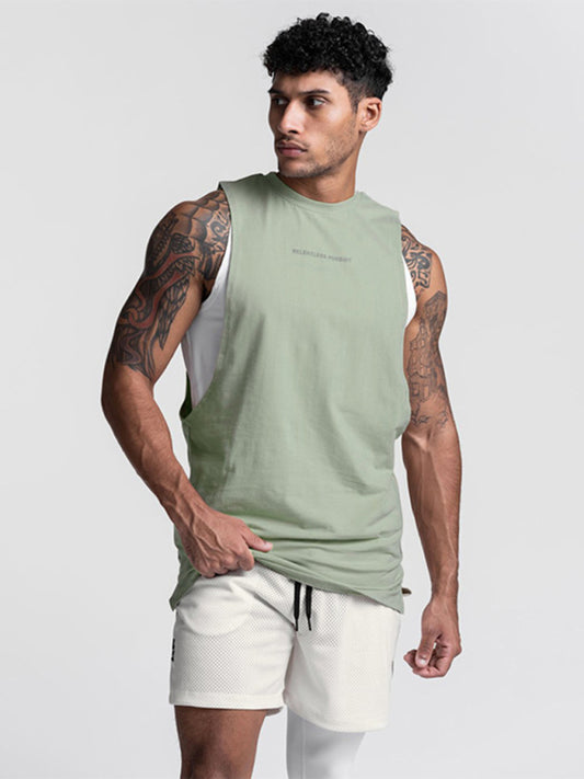 Men's sports trendy brand loose big slit solid color sleeveless quick-drying shirt