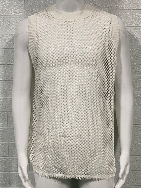 Men's Solid Color Round Neck Sleeveless Hollow Knitted Tank