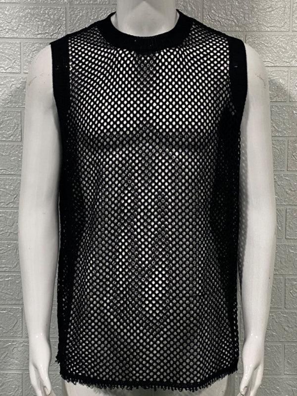 Men's Solid Color Round Neck Sleeveless Hollow Knitted Tank