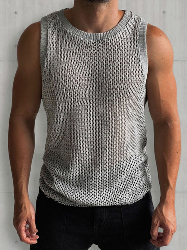 Men's Solid Color Round Neck Sleeveless Hollow Knitted Tank