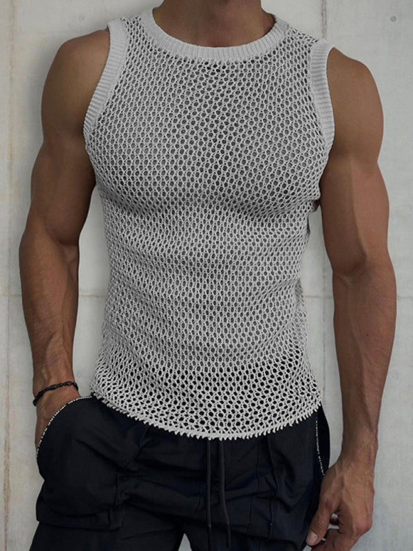 Men's Solid Color Round Neck Sleeveless Hollow Knitted Tank
