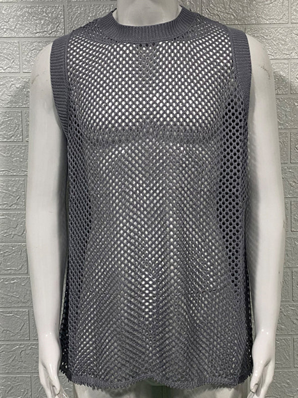 Men's Solid Color Round Neck Sleeveless Hollow Knitted Tank