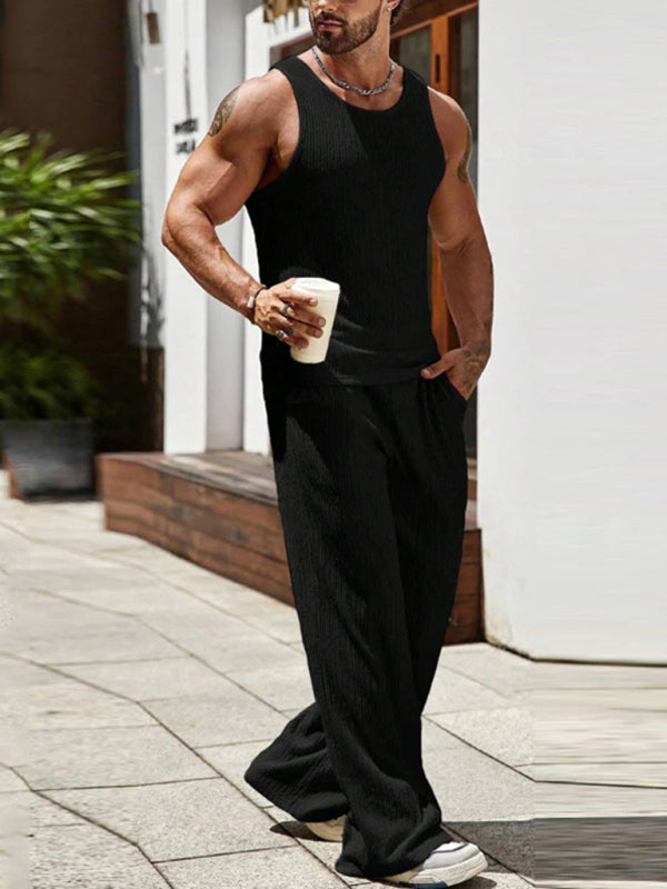 Men's sleeveless knitted tank and trousers two-piece solid color casual set
