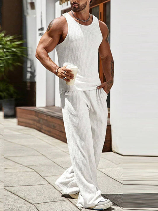 Men's sleeveless knitted tank and trousers two-piece solid color casual set