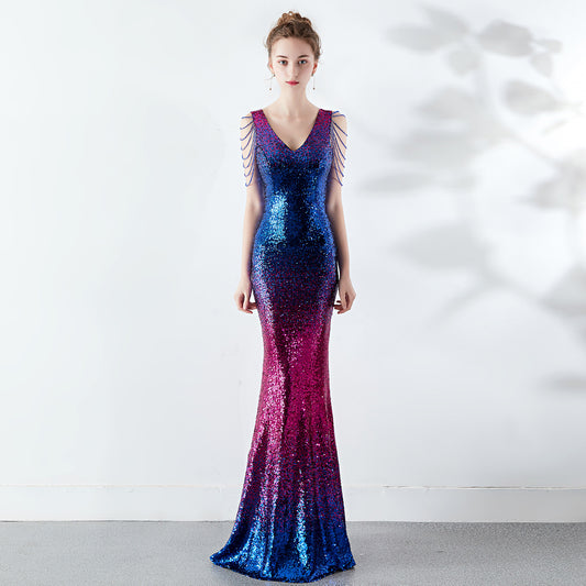 The Gradient Color Crystal Drill Chain Gown