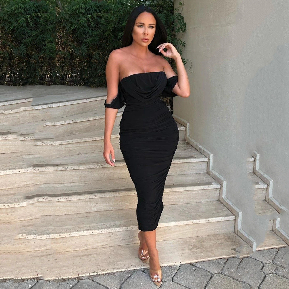 The Samira Mesh Pleated off-Shoulder Dress