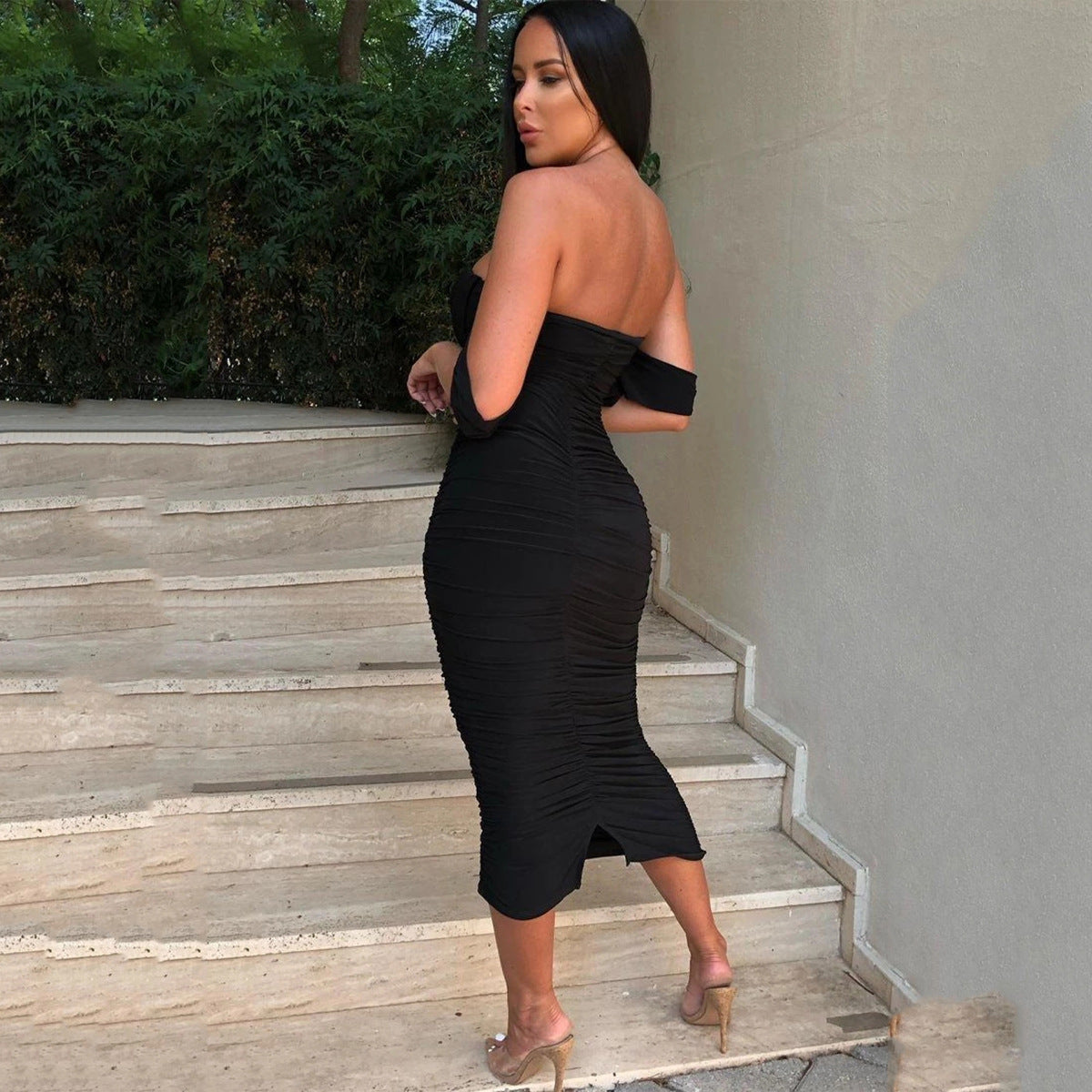 The Samira Mesh Pleated off-Shoulder Dress