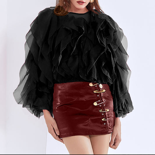 The Fungus Edge round Collar Gauze Slim Blouse