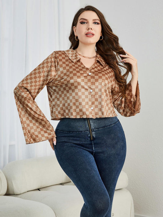 Checkered Johnny Collar Flare Sleeve Shirt